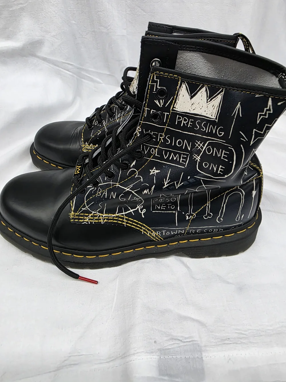 Dr. Martens Black Graffiti Lace-Up Boots with Yellow Stitching - Picture 3 of 8